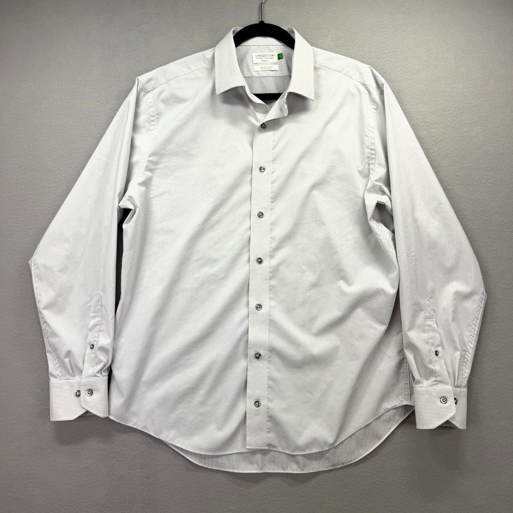 Lorenzo Uomo‎ Dress Shirt Mens 17 White Gray Polka Dot Trim Fit Performance Flex